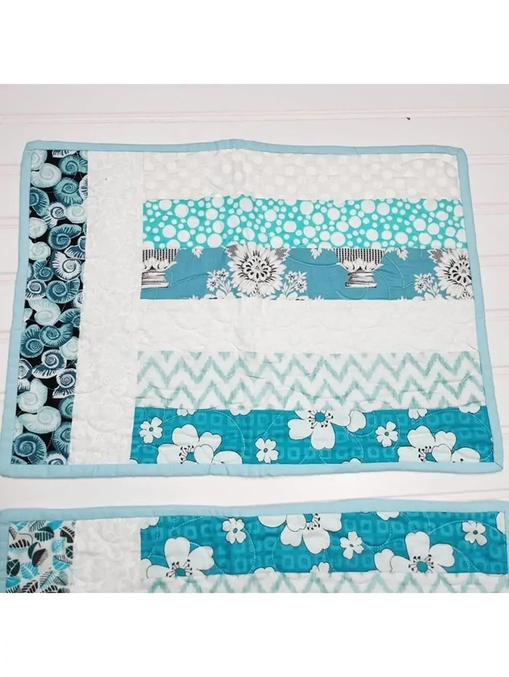 Handmade | Aqua & White Machine Quilted Striped Placemats Set of 2 - 16 x 12 In